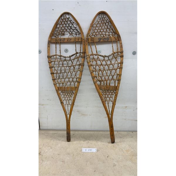 Pair of Vintage Walker Traditional Wooden Snowshoes with Rawhide Lacing, 40"