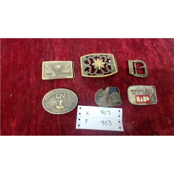 Lot of Six Belt Buckles: CN Transcona, North American Fishing Club Life Member, and More