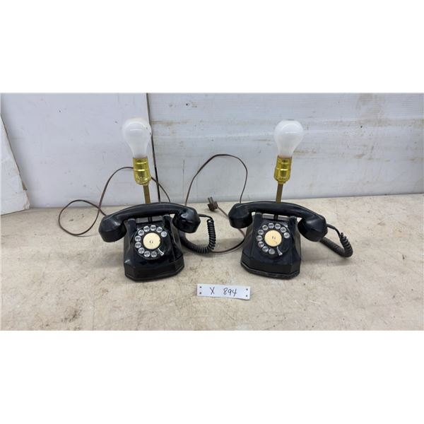 Pair of Vintage Black Rotary Dial Telephone Novelty Lamps. No Shades