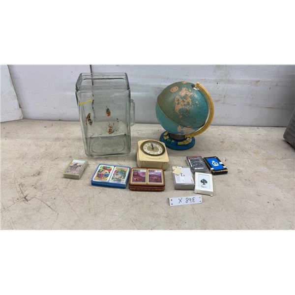 Vintage Tin Lithograph World Globe, Glass Vase, Clock, Playing Cards, and More