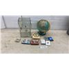 Image 1 : Vintage Tin Lithograph World Globe, Glass Vase, Clock, Playing Cards, and More