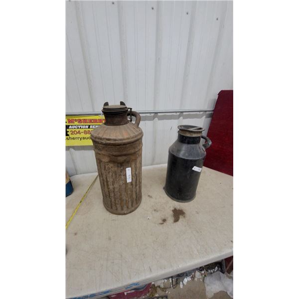 2x Vintage Ribbed Metal Cream and Fuel Can with Handle and Chained Threaded Cap