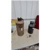 Image 1 : 2x Vintage Ribbed Metal Cream and Fuel Can with Handle and Chained Threaded Cap