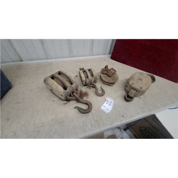 Vintage Wooden Block and Tackle Pulleys, Assorted Sizes, Lot of Four Singles and Doubles