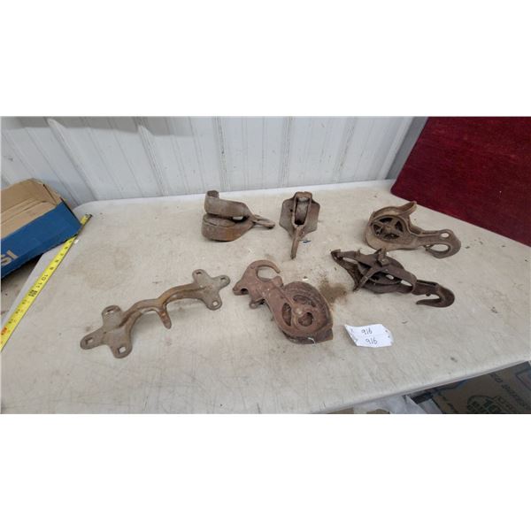 Antique Cast Iron Barn Pulleys, Hay Trolley Track Hanger, and More