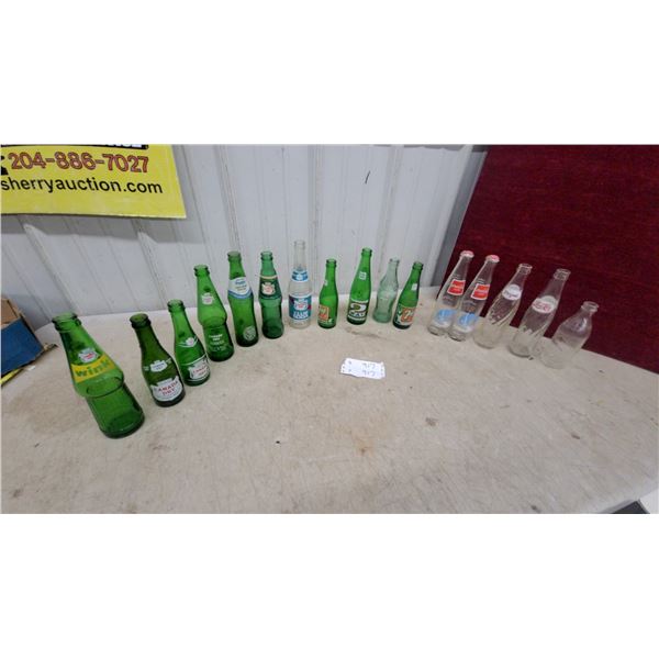 Collection of Vintage Glass Soda Bottles: Canada Dry, Coca-Cola, Pepsi, 7UP, Hires, 16x
