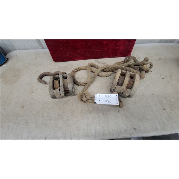 Pair of Vintage Double-Sheave Wooden Pulley Blocks with Iron Hook and Rope