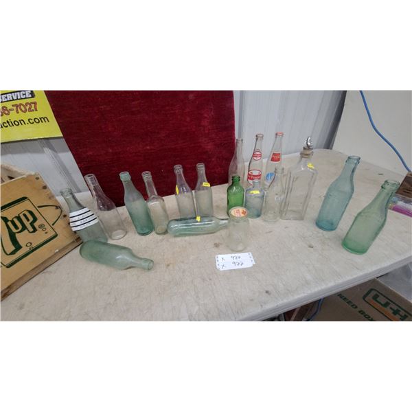 Collection of Vintage Glass Bottles, Coca-Cola, Dr Pepper, Turner Milk, and 7up Crate