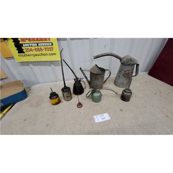 Collection of Vintage Oil Cans Including Eagle Pump Oiler and Galvanized Oil Measures and More