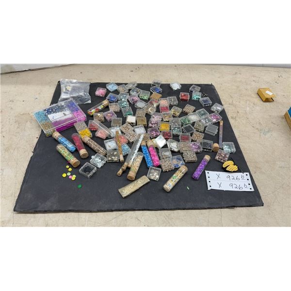 Assorted Craft Embellishments: Sequins, Beads, Glitter in Clear Boxes, Vials, and More