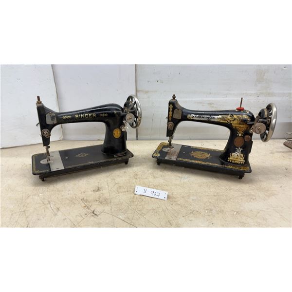 Two Vintage Singer Sewing Machines, Model 27/127 and Model 15 with Gold Decals