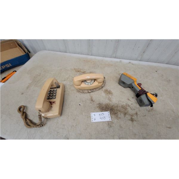 Beige Push-Button Desk Phone, Beige Rotary Dial Phone, and Lineman's Test Set