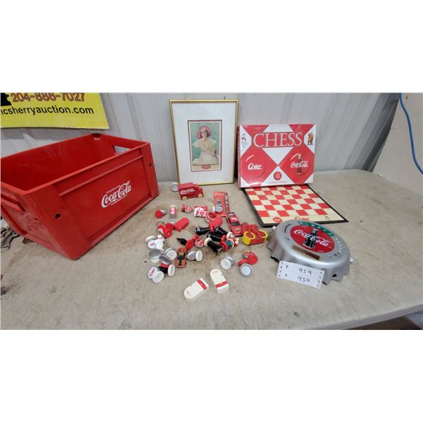 Coca-Cola Collectibles Lot: Digital Clock Radio, Chess Set, Crate, Framed Print, and More