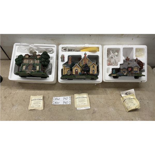 Three Hawthorne Village Illuminated Collectible Houses with Certificates of Authenticity