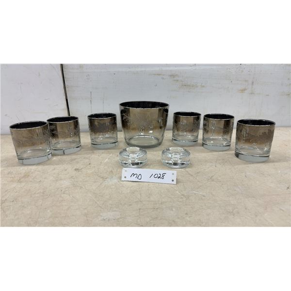 MCM Silver Ombre Floral Etched Glass Ice Bucket with Six Tumblers + 2 Glass Candle Stick Holders