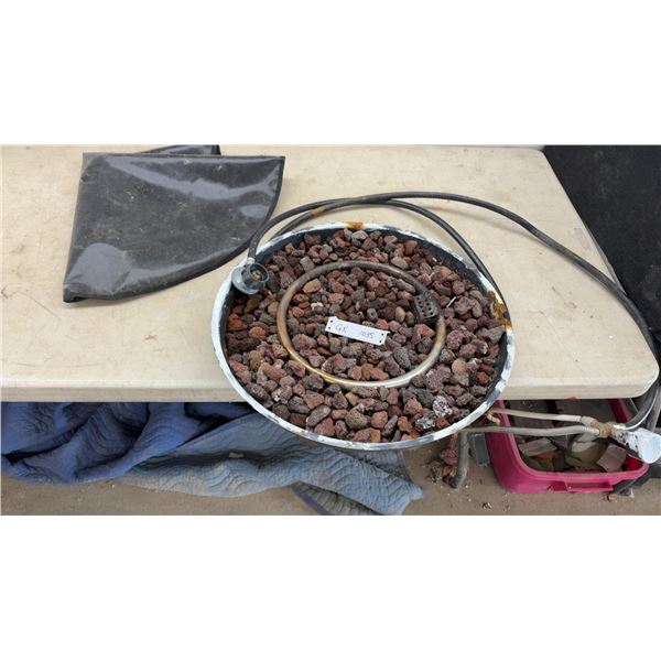 Propane Gas Fire Pit Insert with Lava Rocks, Burner Ring, Hose, and Cover. Rusty on Bottom