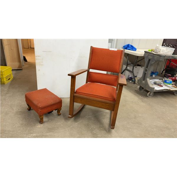 Vintage Oak Rocking Chair with Matching Upholstered Footstool, Rust-Orange Cushions