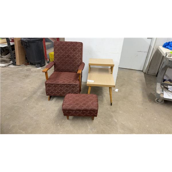 Mid-Century Modern Upholstered Rocker Chair with Matching Ottoman and 2 Step-End Tables