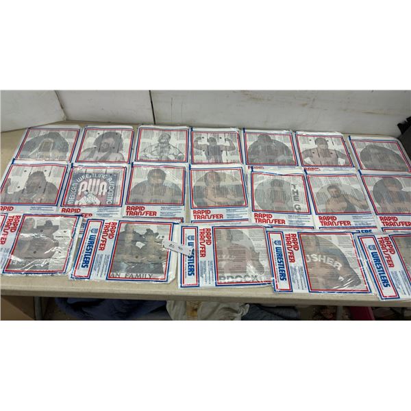 19 Vintage AWA Wrestling Iron-On Transfers, Andre the Giant, Ric Flair, Mad Dog+ in Original Bags