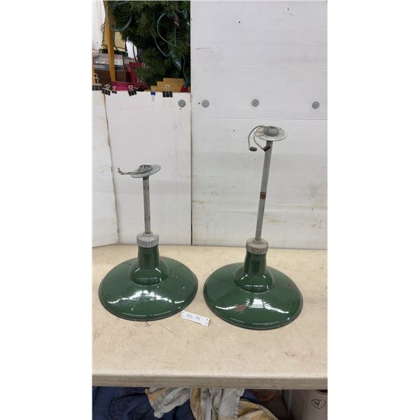 Two Vintage 1950s Green Porcelain Enamel Gas Station Pump Lights, 16" Diameter