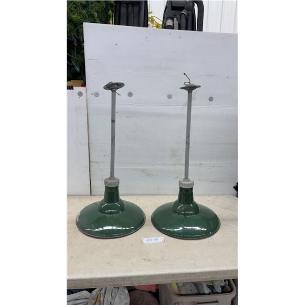 Two Vintage 1950s Green Porcelain Enamel Gas Station Pump Lights, 16" Diameter