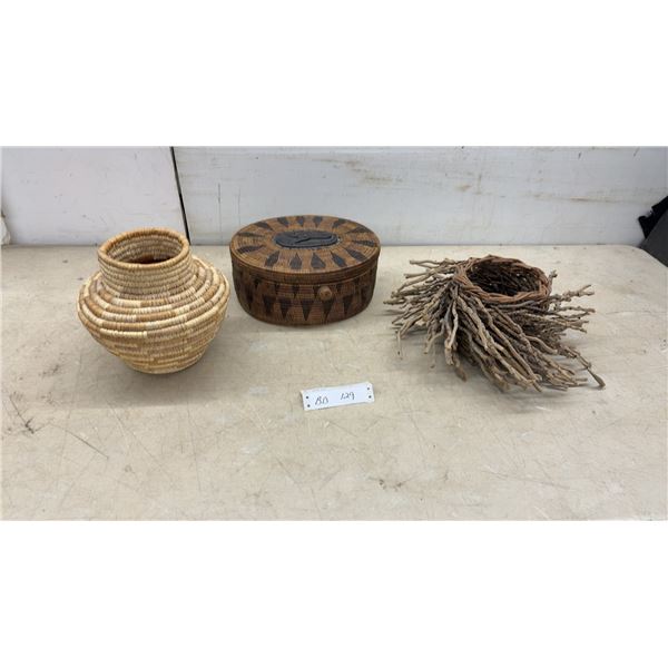 Three Handmade Indigenous Baskets: Coiled Pot, Lidded Round, and Twig-Style Open Basket