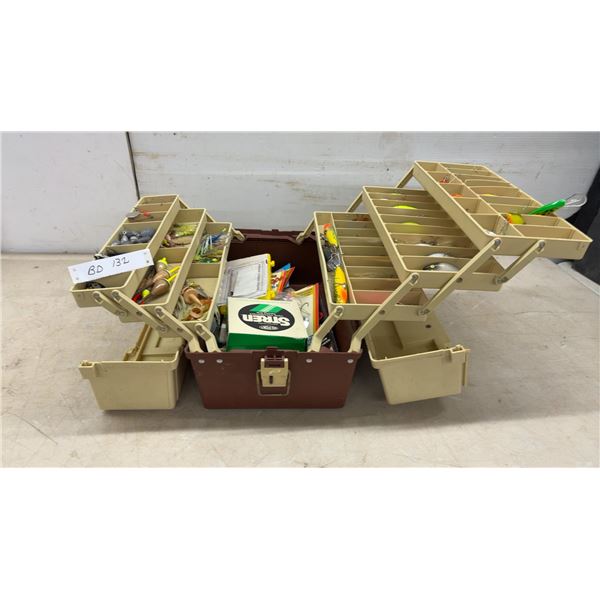 Vintage Plano Cantilever Tackle Box with Approximately 40 Minty Lures, Spinners, Line, Everything
