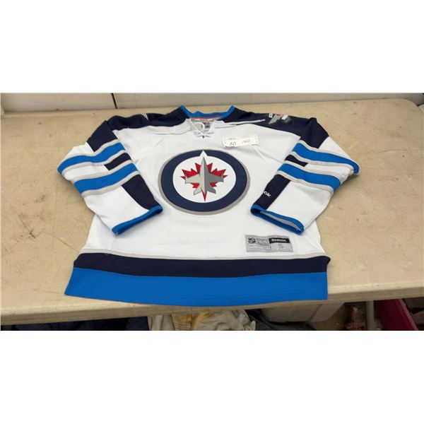 Reebok Premier Winnipeg Jets NHL Away Hockey Jersey, Size Small & Legends Blanket
