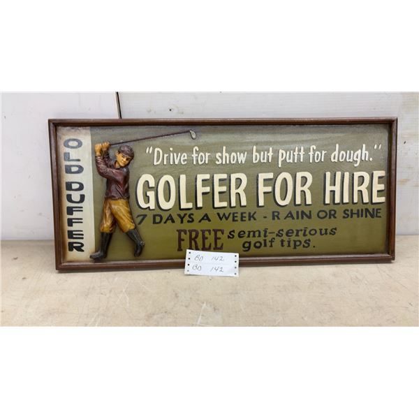 Vintage Hand-Painted 3D "Old Duffer Golfer for Hire" Wood Golf Sign, 12 x 27"