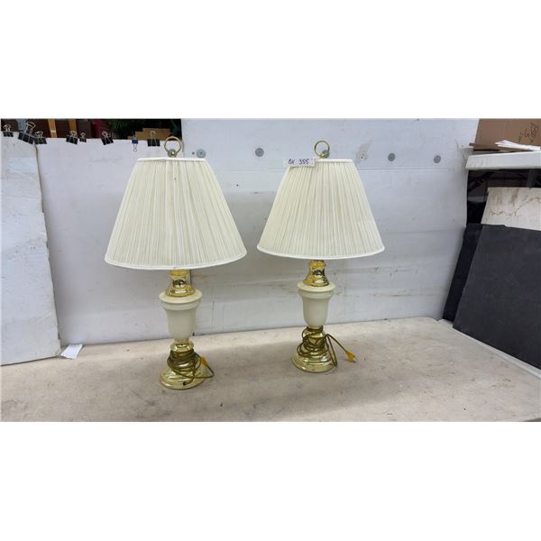 Pair of Traditional Brass-Finished and Cream Ceramic Table Lamps with Pleated Shades, 30" H