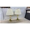 Image 1 : Pair of Traditional Brass-Finished and Cream Ceramic Table Lamps with Pleated Shades, 30" H