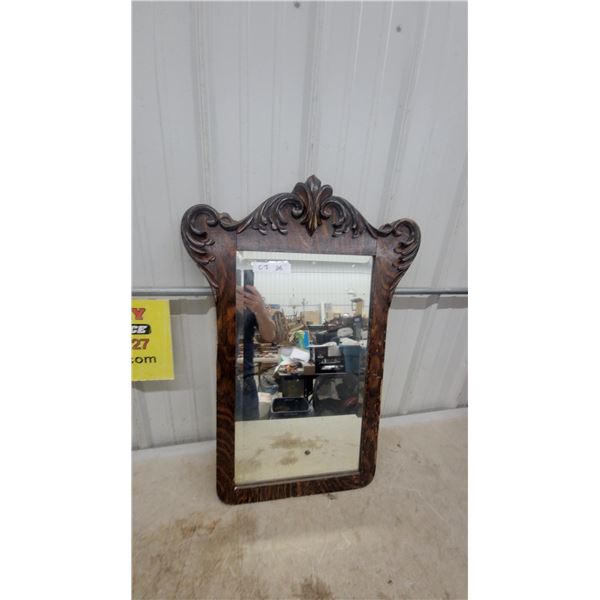 Antique Quarter-Sawn Oak Beveled Mirror with Carved Scroll Pediment, Circa 1890s 23 x 32"