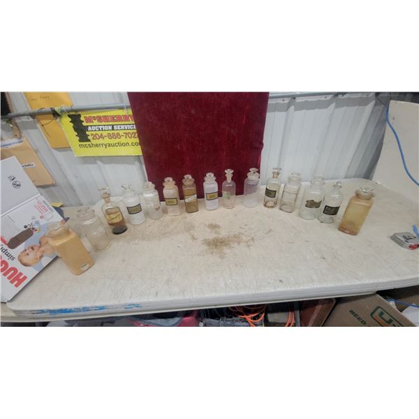 Collection of Vintage Apothecary Jars with Ground Glass Stoppers and Chemical Labels 15x