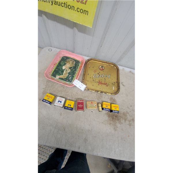 Vintage Tetley Tea and Coca-Cola Advertising Trays with Blue Ribbon Spice Tins and More