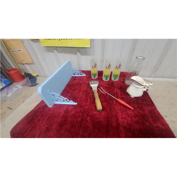 Blue Wall Shelf, Frosted Wheat Tumblers, Figural Creamer, Carving Fork, and More