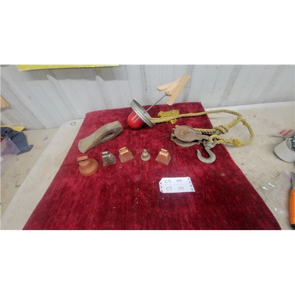 Vintage Churn, Cow Bells, Block Pulley with Rope