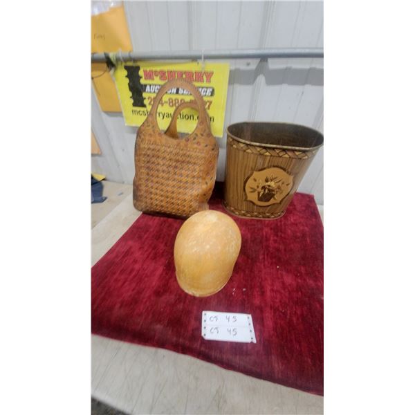 Tooled Leather Handbag, Decorative Metal Wastebasket, and Wooden Egg