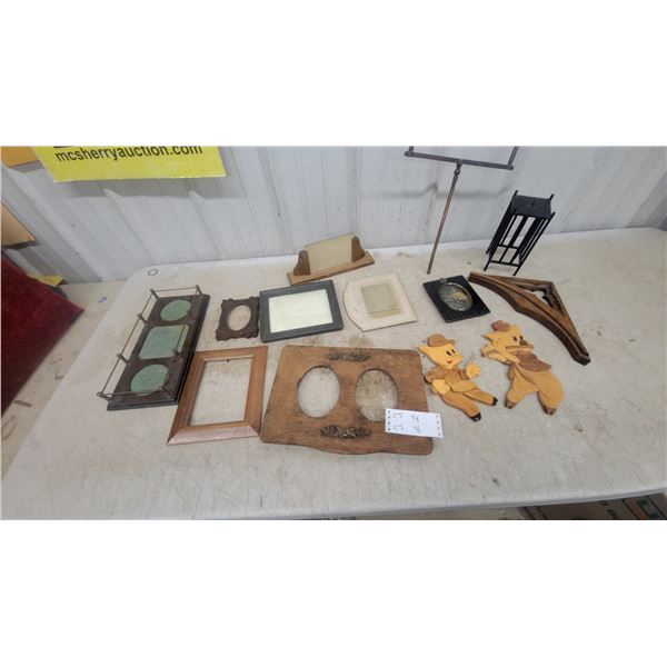Assorted Vintage Picture Frames, Wooden Animal Cutouts, Metal Easel Stand, and More