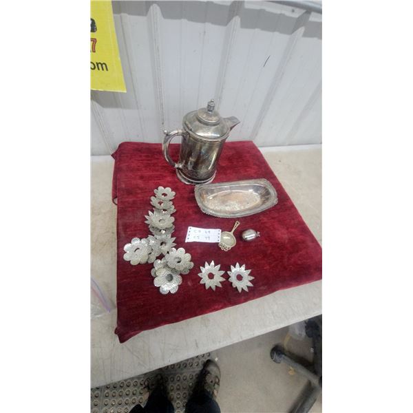 Silver-Plated Coffee Pot, Ornate Serving Tray, Tea Strainers, and Punched Metal Xmas Light