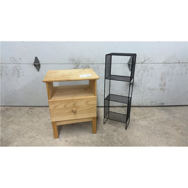 Pine Nightstand with Drawer with Open Shelf and Black Metal Four-Tier Shelving Unit, 31 x 10 x 7"