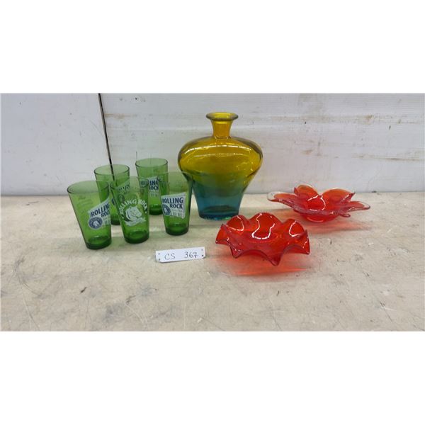 5 Rolling Rock Extra Pale Beer Glasses, Art Glass Vase, Red Wavy Bowls