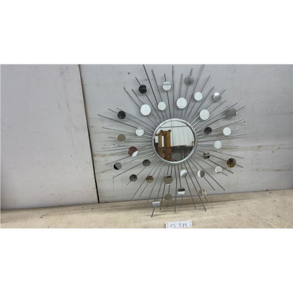 Silver-Toned Metal Sunburst Wall Mirror with Radiating Spokes and Small Circular Mirrors