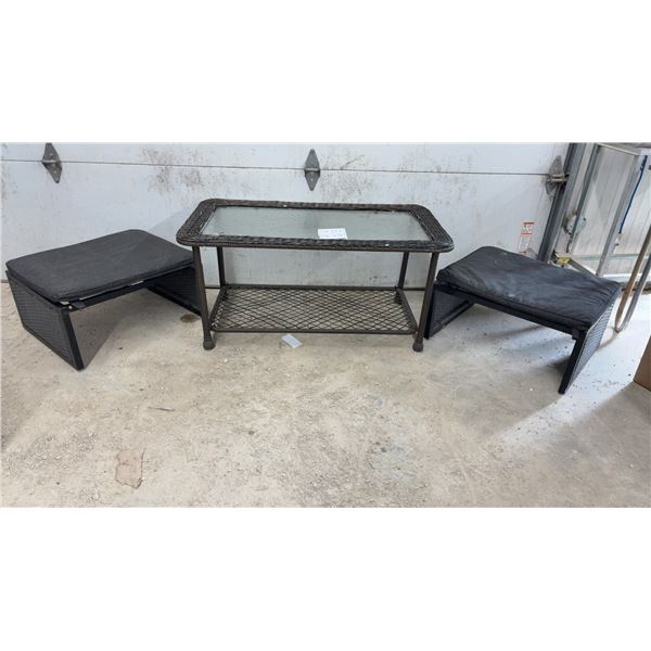 Dark Brown Faux-Wicker Patio Glass Top Coffee Table 20 x 23 x 42" and Two Ottomans with Cushions