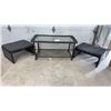 Image 1 : Dark Brown Faux-Wicker Patio Glass Top Coffee Table 20 x 23 x 42" and Two Ottomans with Cushions