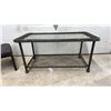 Image 2 : Dark Brown Faux-Wicker Patio Glass Top Coffee Table 20 x 23 x 42" and Two Ottomans with Cushions