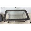 Image 3 : Dark Brown Faux-Wicker Patio Glass Top Coffee Table 20 x 23 x 42" and Two Ottomans with Cushions