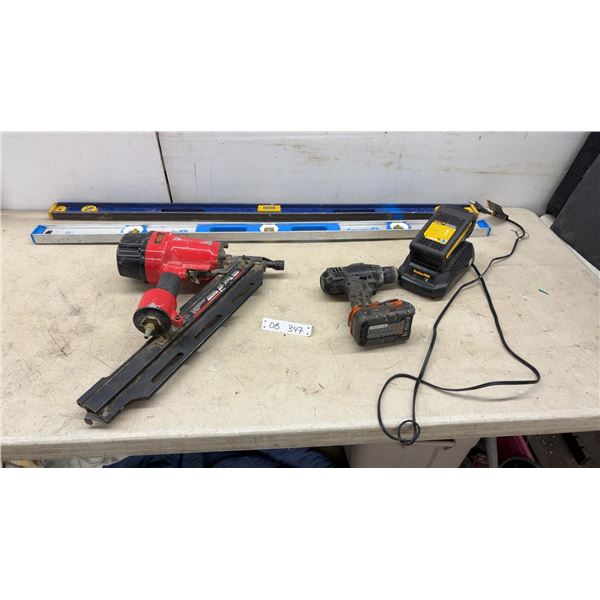 King Canada 8234N 34° Clipped Head Framing Nailer, Ridgid Cordless Drill, Levels, and More