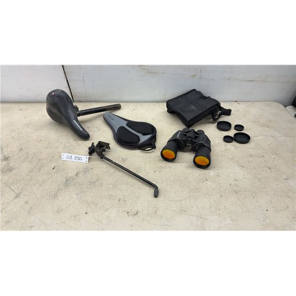 Schwinn Bicycle Seat with Post, CCM Gel Seat Cover, Vivitar Binoculars with Case, and More