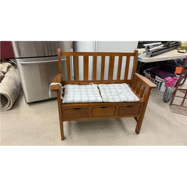 Mission-Style Oak Storage Bench with Three Drawers and Two Plaid Seat Cushions, 36 x 40 x 20"