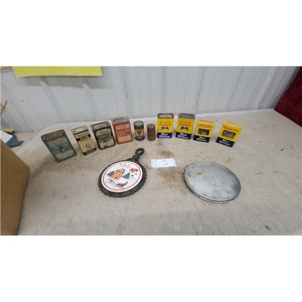 Vintage Rawleigh's, Watkins, and Blue Ribbon Spice Tins with Holiday Trivet and More